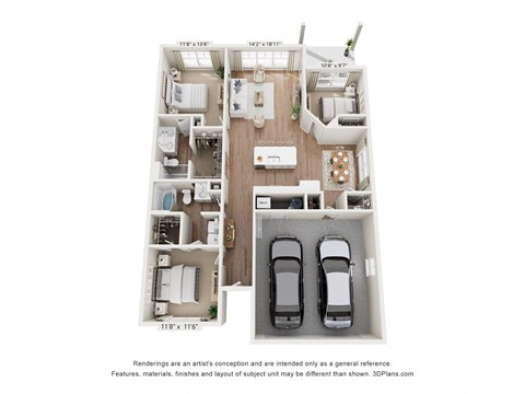 a floor plan of a 1 bedroom apartment with 2 cars